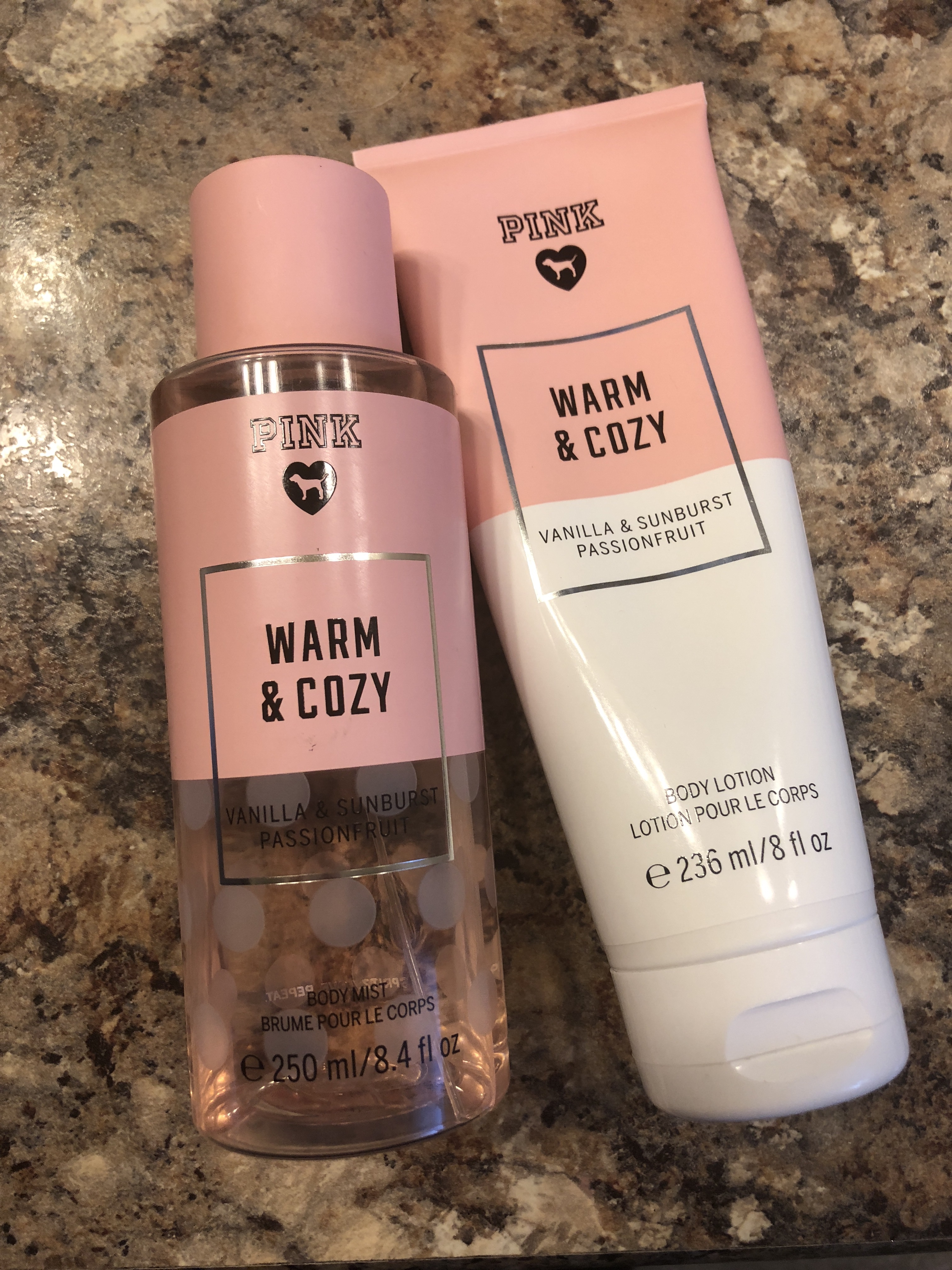 pink warm and cozy vanilla and sunburst passionfruit lotion